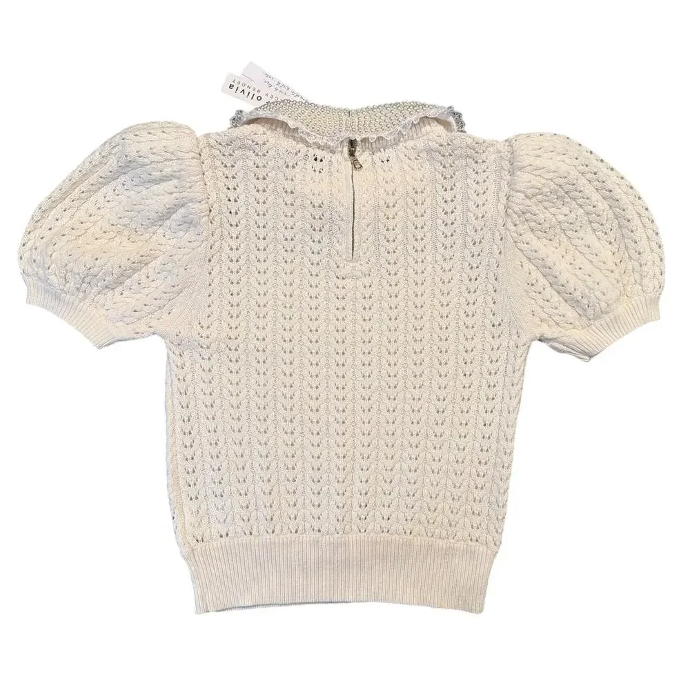 NWT Alice + Olivia Pearl Collar Puff Sleeve Sweater, Small, Cream Cotton Wool - Picture 3 of 9